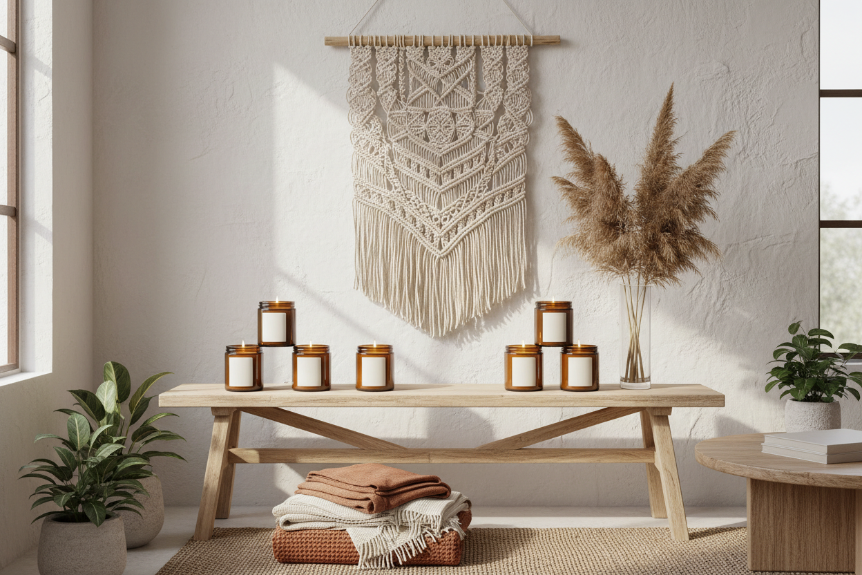 9 oz amber jar candles in a clean boho environment