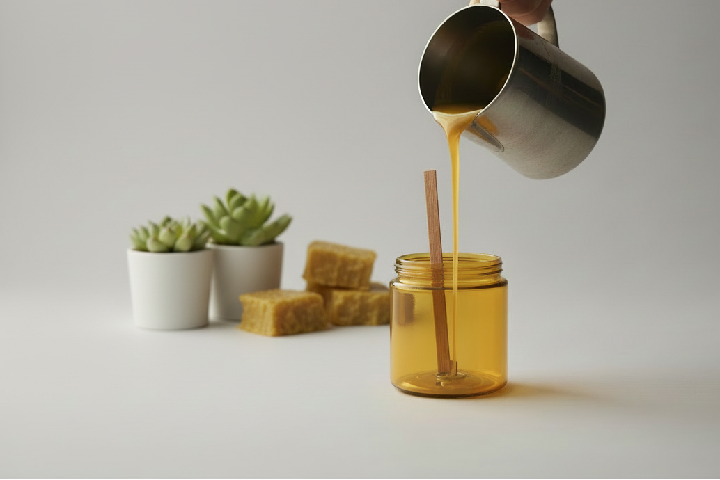 amber jar in 9 oz size without a label having female hands handpour beeswax into it in a cozy setting 